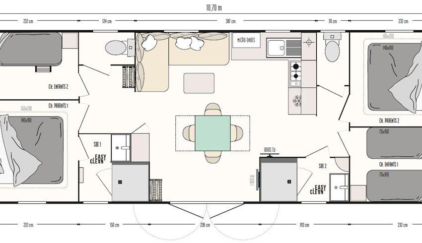 Plan - Mobil home 4 chambres 2 salles de bain 8 personnes Camping La Bouliniere Ile d'oléron - photo non contractuelle